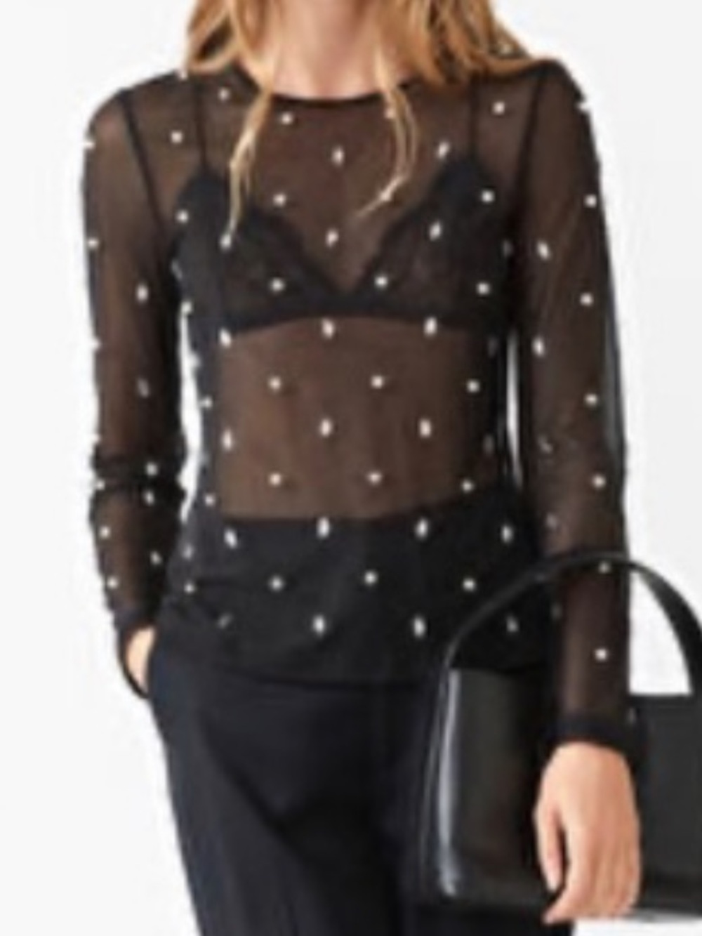 NEW & Other Stories Sheer Embellished Pearls Gems Black Long-Sleeve Top Size M